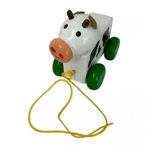 COW PULL ALONG TOY HAND PAINTED HANDMADE TOXIC FREE